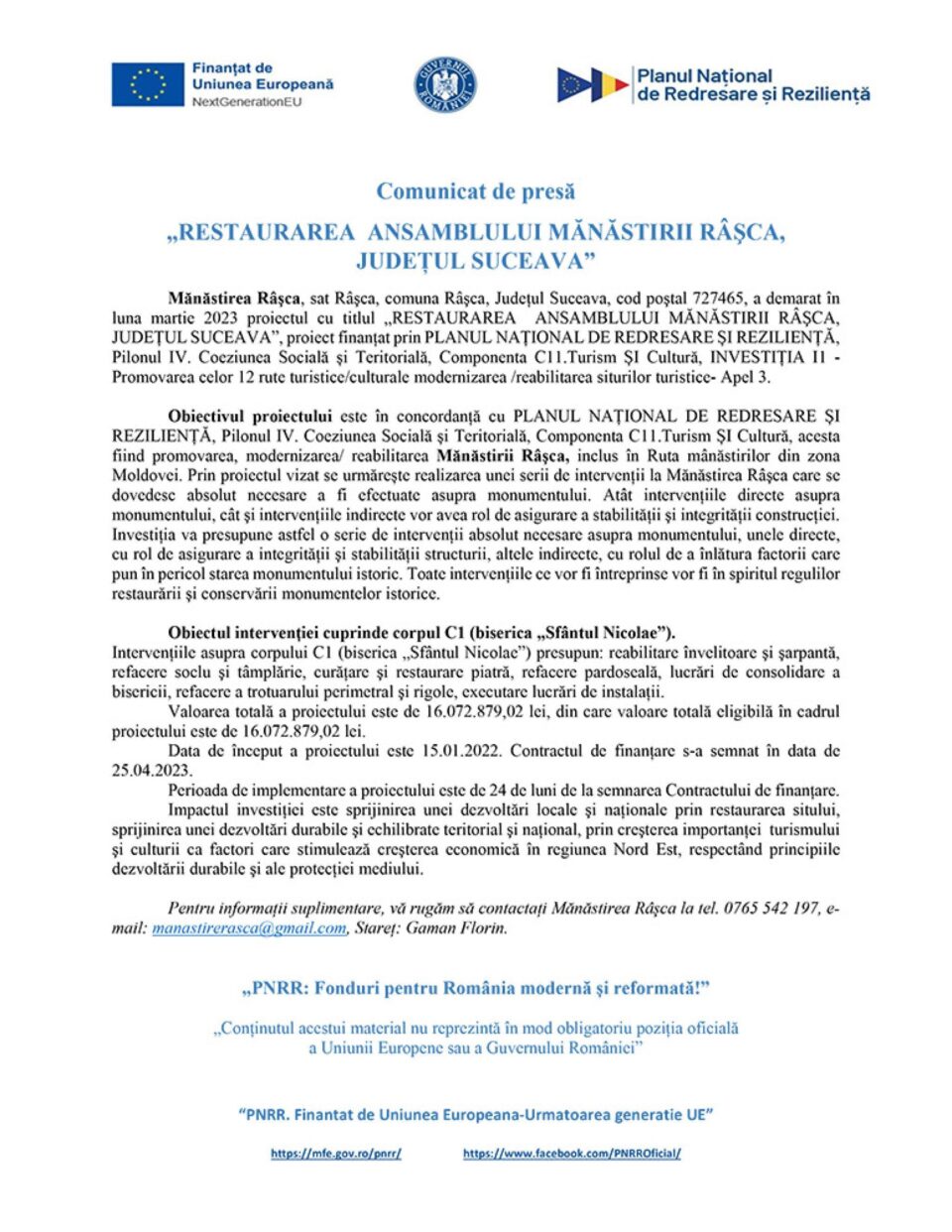 „RESTAURAREA ANSAMBLULUI MĂNĂSTIRII RÂȘCA, JUDEȚUL SUCEAVA”