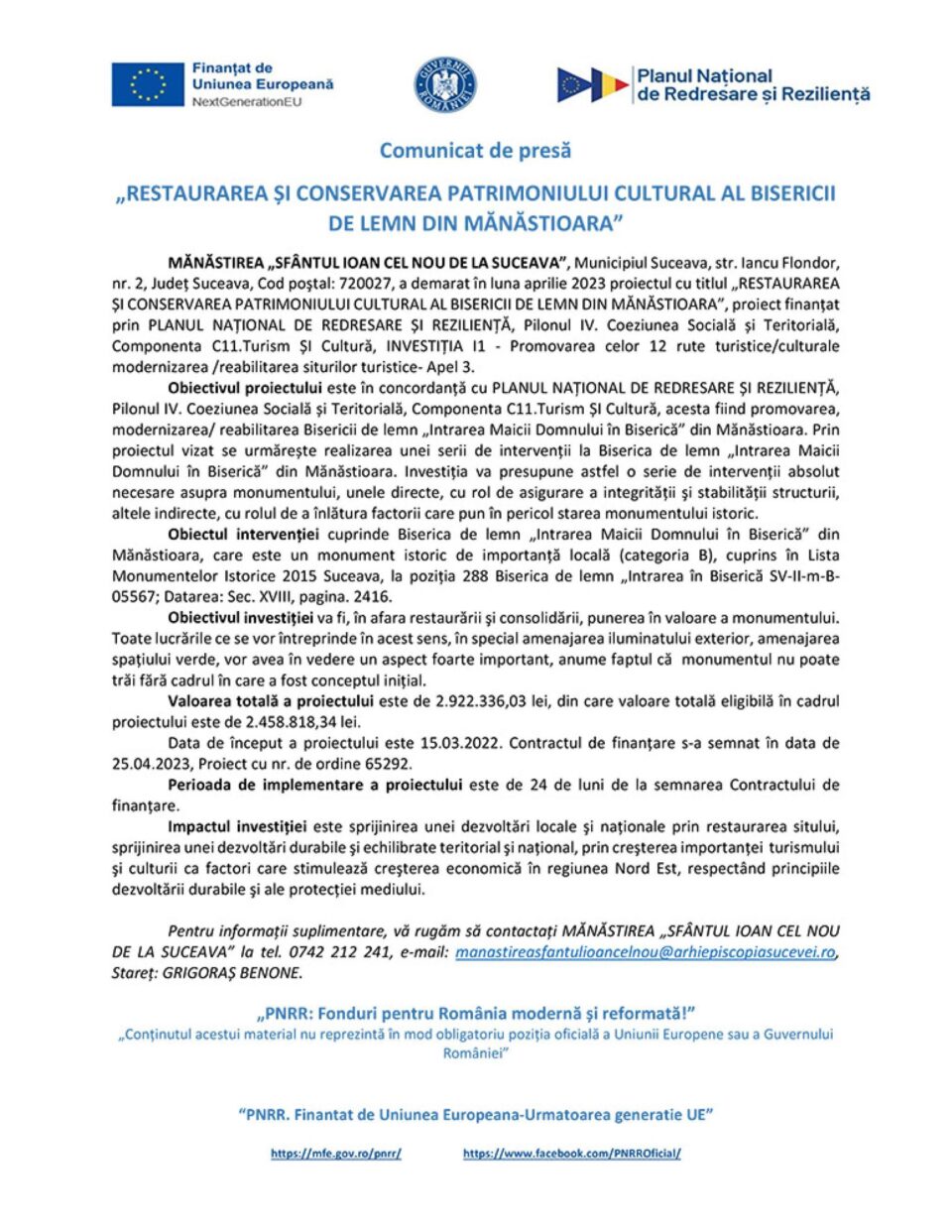 „RESTAURAREA ȘI CONSERVAREA PATRIMONIULUI CULTURAL AL BISERICII DE LEMN DIN MĂNĂSTIOARA” „RESTAURAREA ȘI CONSERVAREA PATRIMONIULUI CULTURAL AL BISERICII DE LEMN DIN MĂNĂSTIOARA”