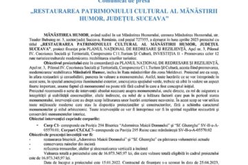 „RESTAURAREA PATRIMONIULUI CULTURAL AL MĂNĂSTIRII HUMOR, JUDEȚUL SUCEAVA”