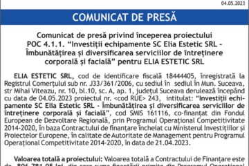 Comunicat de presă privind începerea proiectului POC 4.1.1. “Investiții echipamente SC Elia Estetic SRL - Îmbunătățirea și diversificarea serviciilor de întreținere corporală și facială” pentru ELIA ESTETIC SRL