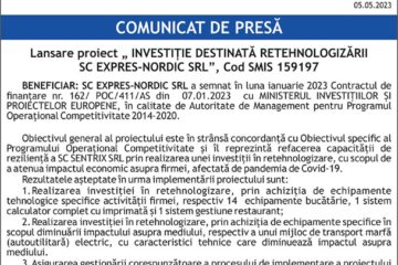 Lansare proiect „ INVESTIȚIE DESTINATĂ RETEHNOLOGIZĂRII SC EXPRES-NORDIC SRL”, Cod SMIS 159197