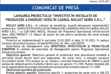 LANSAREA PROIECTULUI ”INVESTIȚII ÎN INSTALAȚII DE PRODUCERE A ENERGIEI VERZI ÎN CADRUL ROCAST NORD S.R.L.”