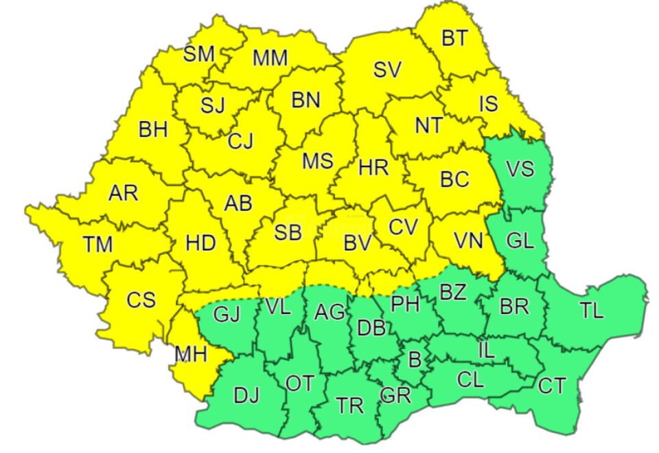 Cod galben de descărcări electrice, averse torențiale și grindină
