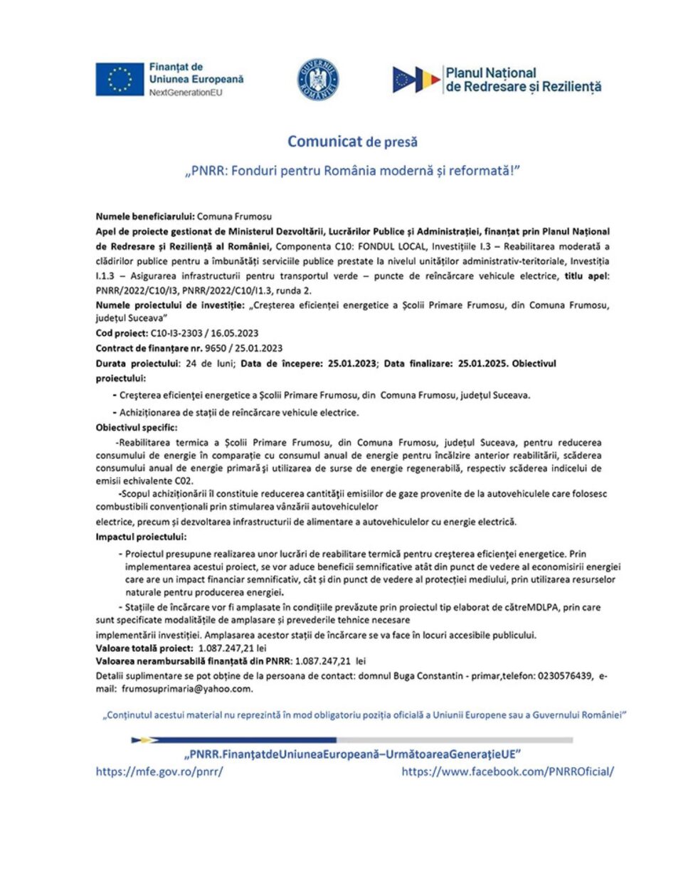 Creșterea eficienței energetice a Școlii Primare Frumosu, din Comuna Frumosu, județul Suceava