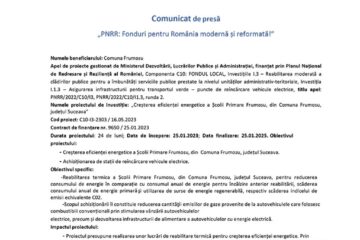 Creșterea eficienței energetice a Școlii Primare Frumosu, din Comuna Frumosu, județul Suceava