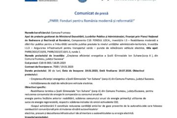 Creșterea eficienței energetice a Școlii Gimnaziale Ion Suhane (corp A ), din Comuna Frumosu, județul Suceava