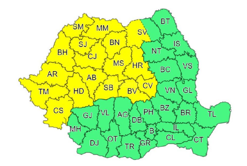 Cod galben de furtuni, în 16 județe, până vineri seara