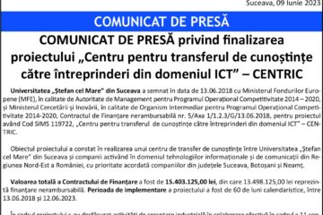 COMUNICAT DE PRESĂ privind finalizarea proiectului „Centru pentru transferul de cunoștințe către întreprinderi din domeniul ICT” – CENTRIC