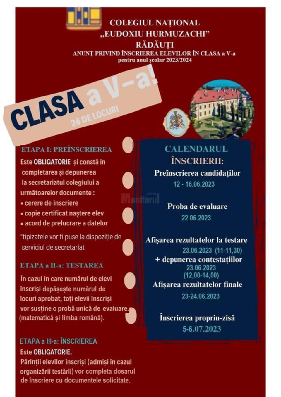 Luni începe înscrierea elevilor care doresc să devină, începând cu clasa a V-a, elevi ai Colegiului Național „Eudoxiu Hurmuzachi” Luni începe înscrierea elevilor care doresc să devină, începând cu clasa a V-a, elevi ai Colegiului Național „Eudoxiu Hurmuzachi”