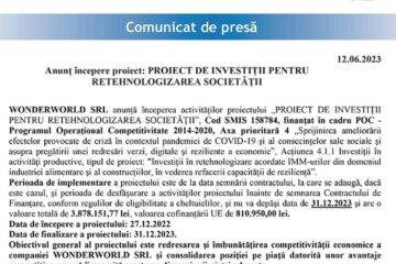Anunț începere proiect: PROIECT DE INVESTIȚII PENTRU RETEHNOLOGIZAREA SOCIETĂȚII