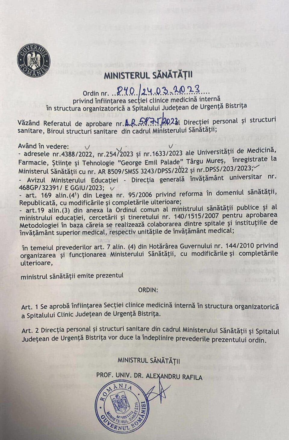 Ordinul semnat de ministrul Rafila pentru numirea de spital clinic a Spitalului Județean de Urgență Bistrița. Sursa Bistriteanul