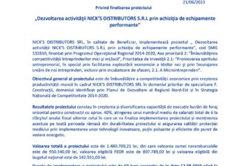 „Dezvoltarea activității NICK’S DISTRIBUTORS S.R.L prin achiziția de echipamente performante”