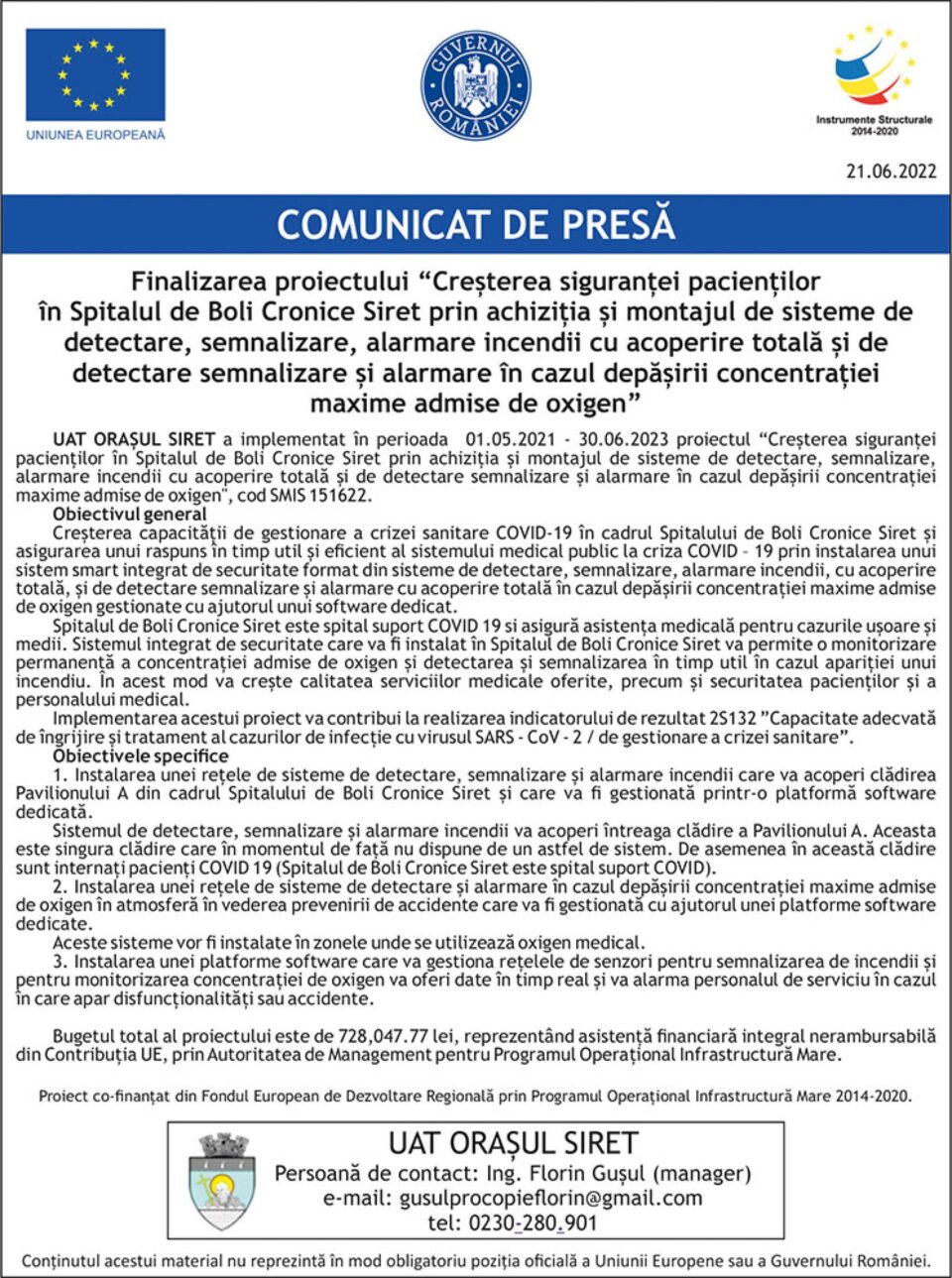 Finalizarea proiectului Creșterea siguranței pacienților în Spitalul de Boli Cronice Siret Finalizarea proiectului Creșterea siguranței pacienților în Spitalul de Boli Cronice Siret
