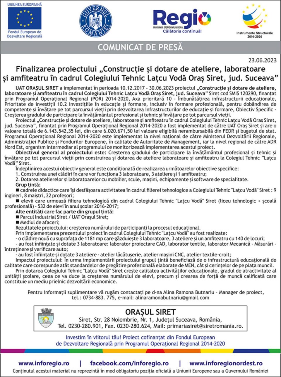 Finalizarea proiectului „Construcție și dotare de ateliere, laboratoare și amfiteatru în cadrul Colegiului Tehnic Lațcu Vodă Oraș Siret, jud. Suceava”