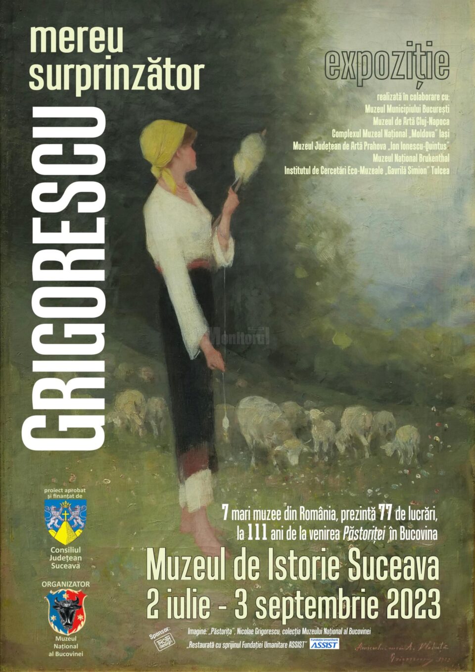 Pe afiș este lucrarea „Păstorița”, din patrimoniul Muzeului de Istorie din Suceava
