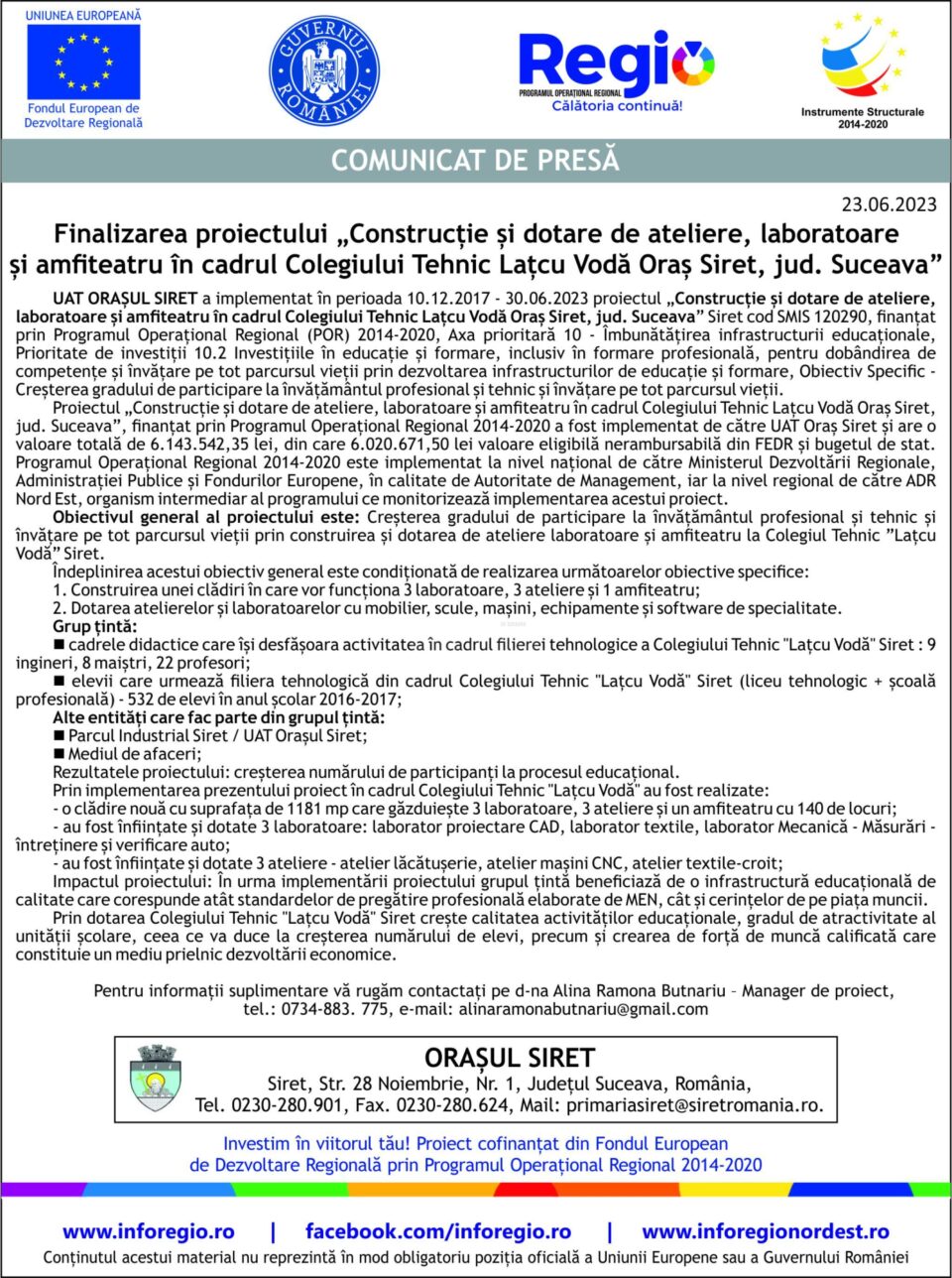 Finalizarea proiectului „Construcție și dotare de ateliere, laboratoare și amfiteatru în cadrul Colegiului Tehnic Lațcu Vodă Oraș Siret, jud. Suceava”