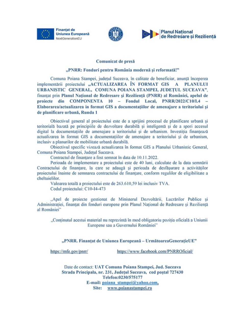„PNRR: Fonduri pentru România modernă și reformată!” - ACTUALIZAREA ÎN FORMAT GIS A PLANULUI URBANISTIC GENERAL, COMUNA POIANA STAMPEI, JUDEȚUL SUCEAVA „PNRR: Fonduri pentru România modernă și reformată!” - ACTUALIZAREA ÎN FORMAT GIS A PLANULUI URBANISTIC GENERAL, COMUNA POIANA STAMPEI, JUDEȚUL SUCEAVA