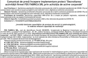 Comunicat de presă începere implementare proiect "Dezvoltarea activității firmei FDS FABRICA SRL prin achiziția de active corporale"