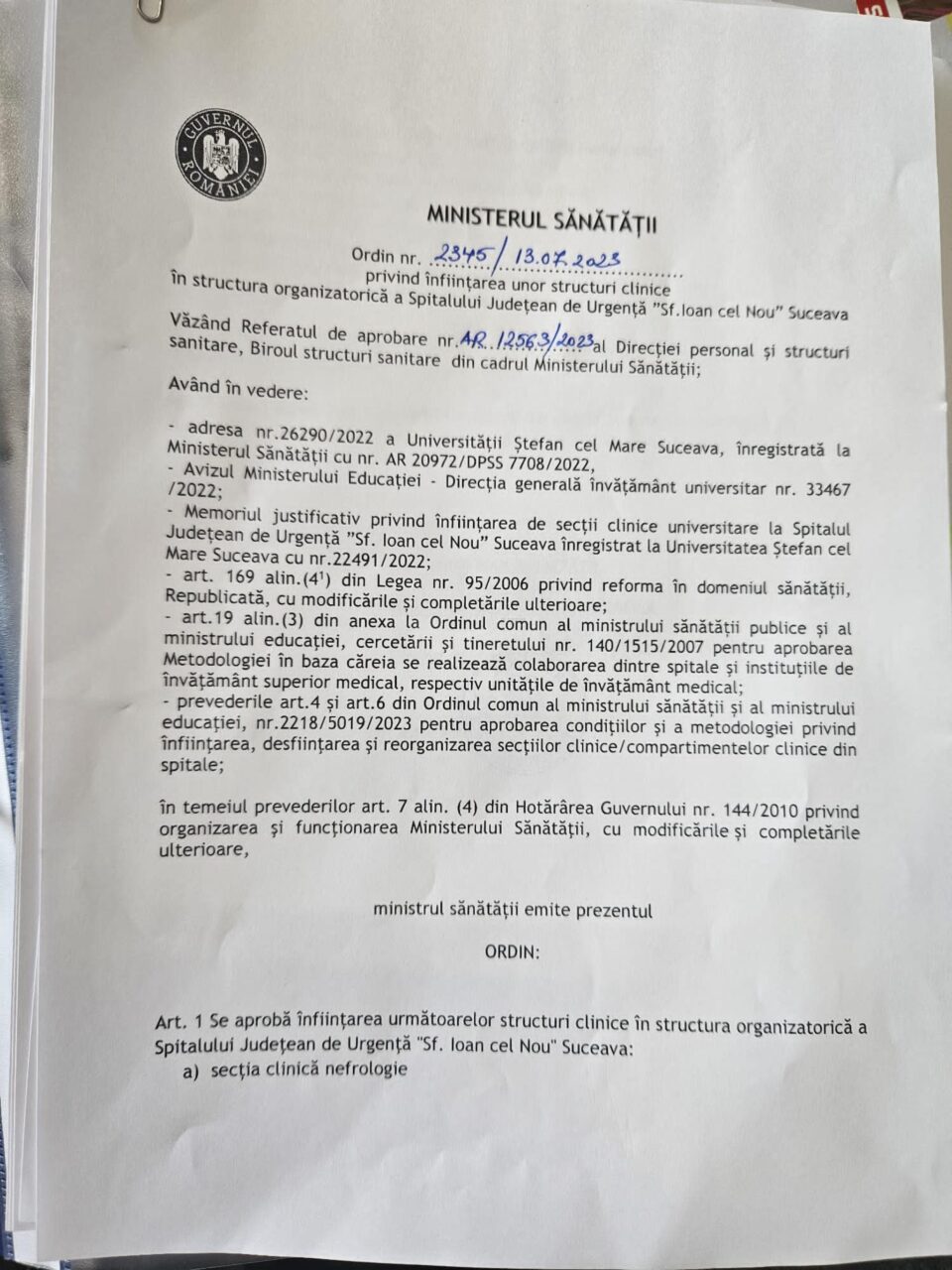 Documentul care atesta statutul de spital județean clinic