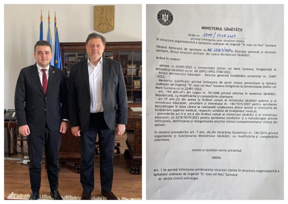 Parlamentarul sucevean Gheorghe Șoldan și ministrul Sănătății, Alexandru Rafila. Documentul care atestă statutul de spital județean clinic Parlamentarul sucevean Gheorghe Șoldan și ministrul Sănătății, Alexandru Rafila. Documentul care atestă statutul de spital județean clinic