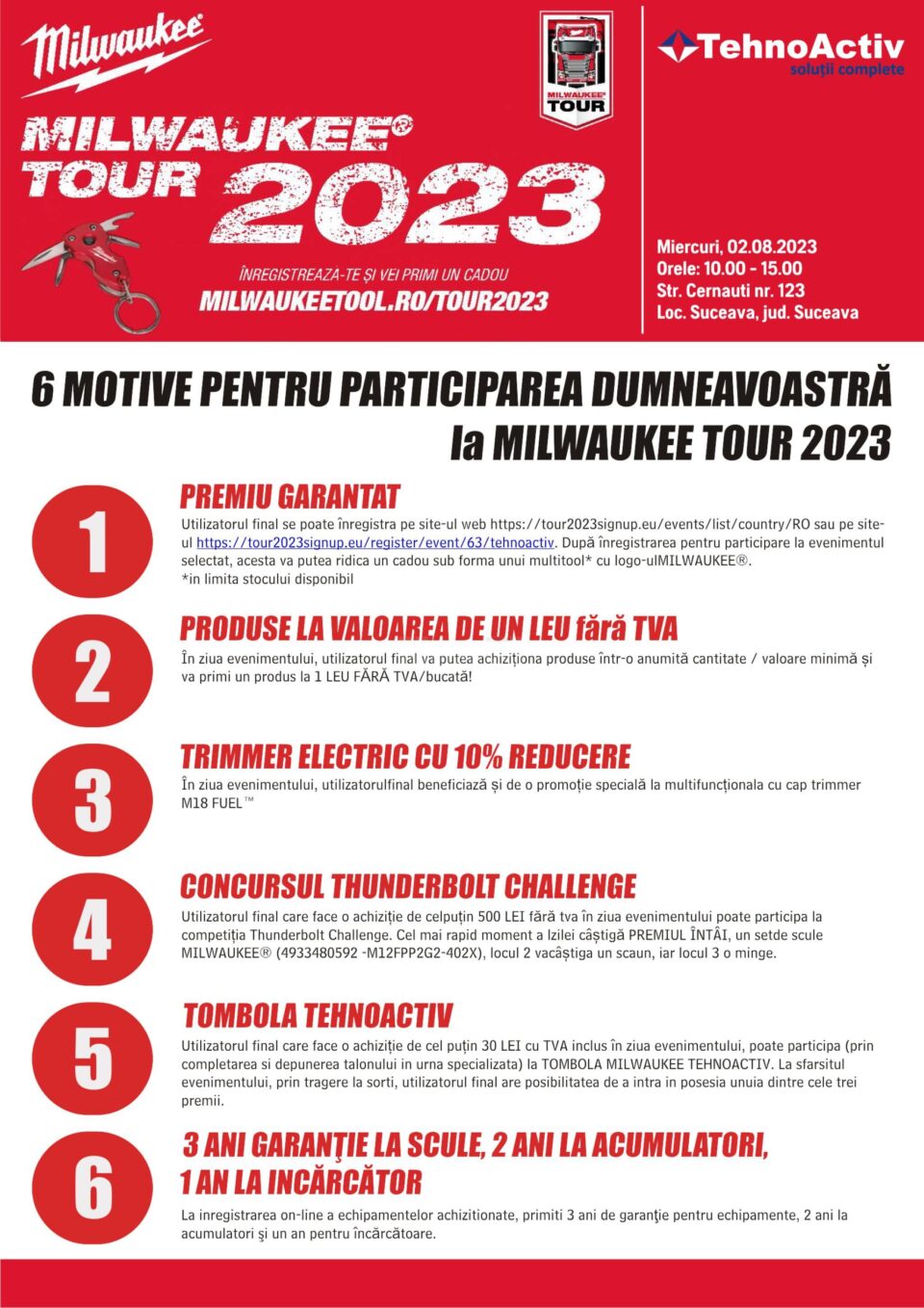 În calitate de reprezentant exclusiv al producătorului american MILWAUKEE TOOL, TEHNOACTIV S.R.L. Suceava organizează evenimentul MILWAUKEE TOUR 2023, eveniment aflat la a 6-a editie