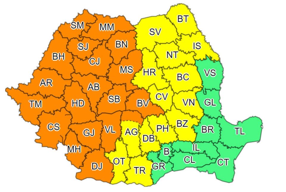 Cod galben și portocaliu în aproape toată țara