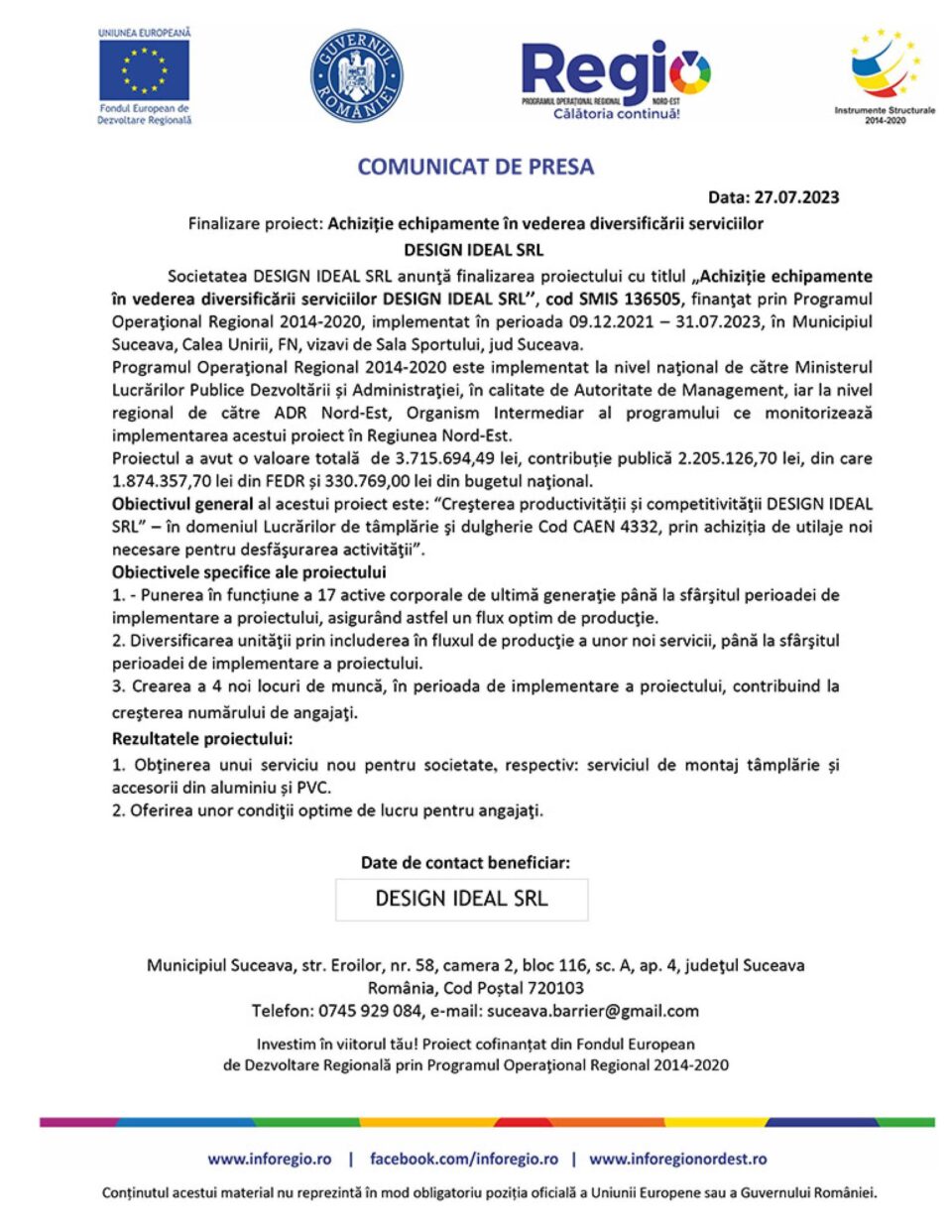 Finalizare proiect: Achiziție echipamente în vederea diversificării serviciilor DESIGN IDEAL SRL