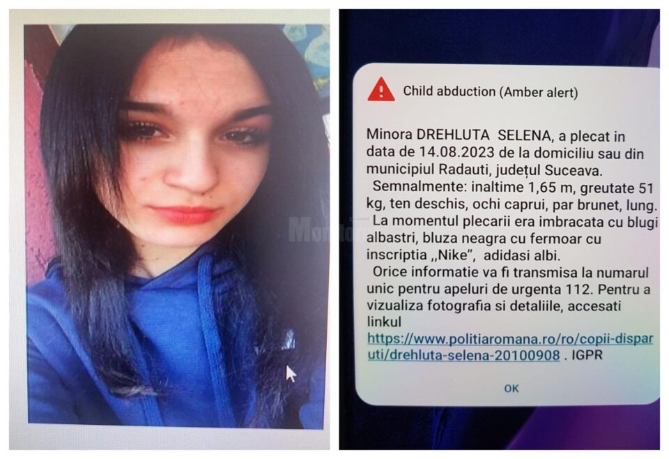Fată de 12 ani se numește Selena Drehluta, are constituției atletică, înălțime cca. 1,65 m, greutate 51 kg, ten deschis, păr brunet lung Fată de 12 ani se numește Selena Drehluta, are constituției atletică, înălțime cca. 1,65 m, greutate 51 kg, ten deschis, păr brunet lung