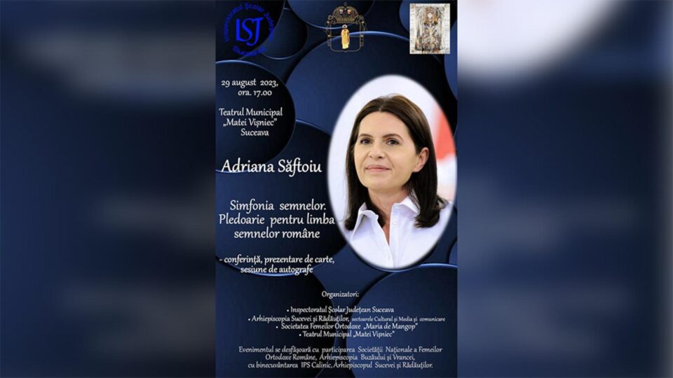 Conferința „Simfonia semnelor. Pledoarie pentru limba semnelor române”, susținută de Adriana Săftoiu, la Teatrul „Matei Vișniec” Conferința „Simfonia semnelor. Pledoarie pentru limba semnelor române”, susținută de Adriana Săftoiu, la Teatrul „Matei Vișniec”
