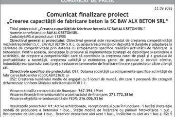Comunicat finalizare proiect - "Crearea capacității de fabricare beton la SC BAV ALX BETON SRL"