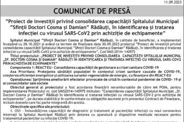 Finalizare proiect: ”Proiect de investiții privind consolidarea capacității Spitalului Municipal ”Sfinții Doctori Cosma și Damian” Rădăuți, în identificarea și tratarea infecției cu virusul SARS-CoV2 prin achiziție de echipamente”