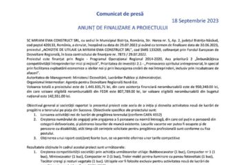 ANUNȚ DE FINALIZARE A PROIECTULUI - "ACHIZIȚIE DE UTILAJE LA MIRIAM EMA CONSTRUCT SRL"