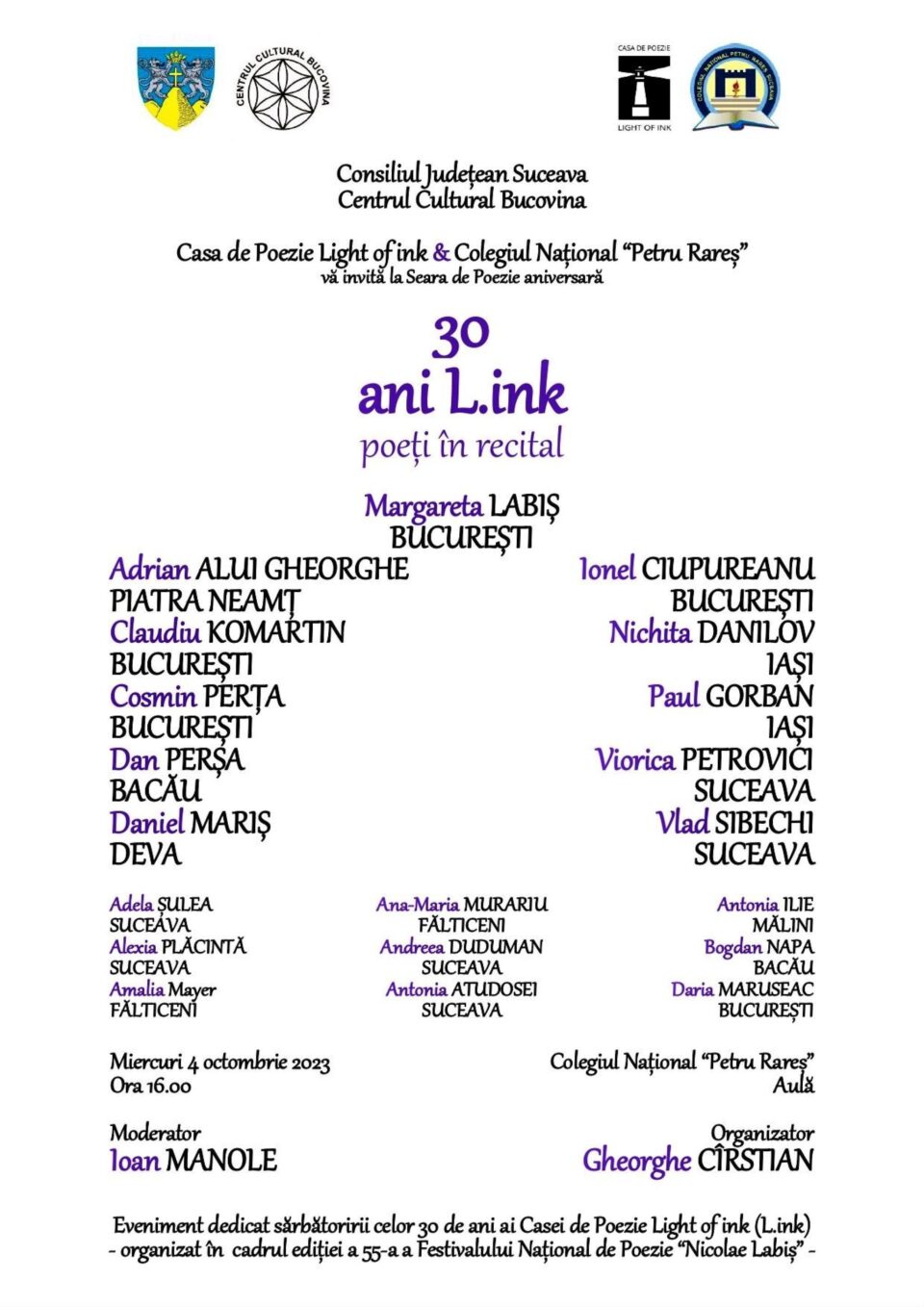 Aniversarea Casei de Poezie Light of ink - 30 de ani, în aula Colegiului „Petru Rareș”