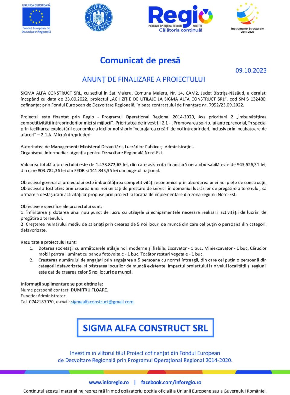 ANUNȚ DE FINALIZARE A PROIECTULUI