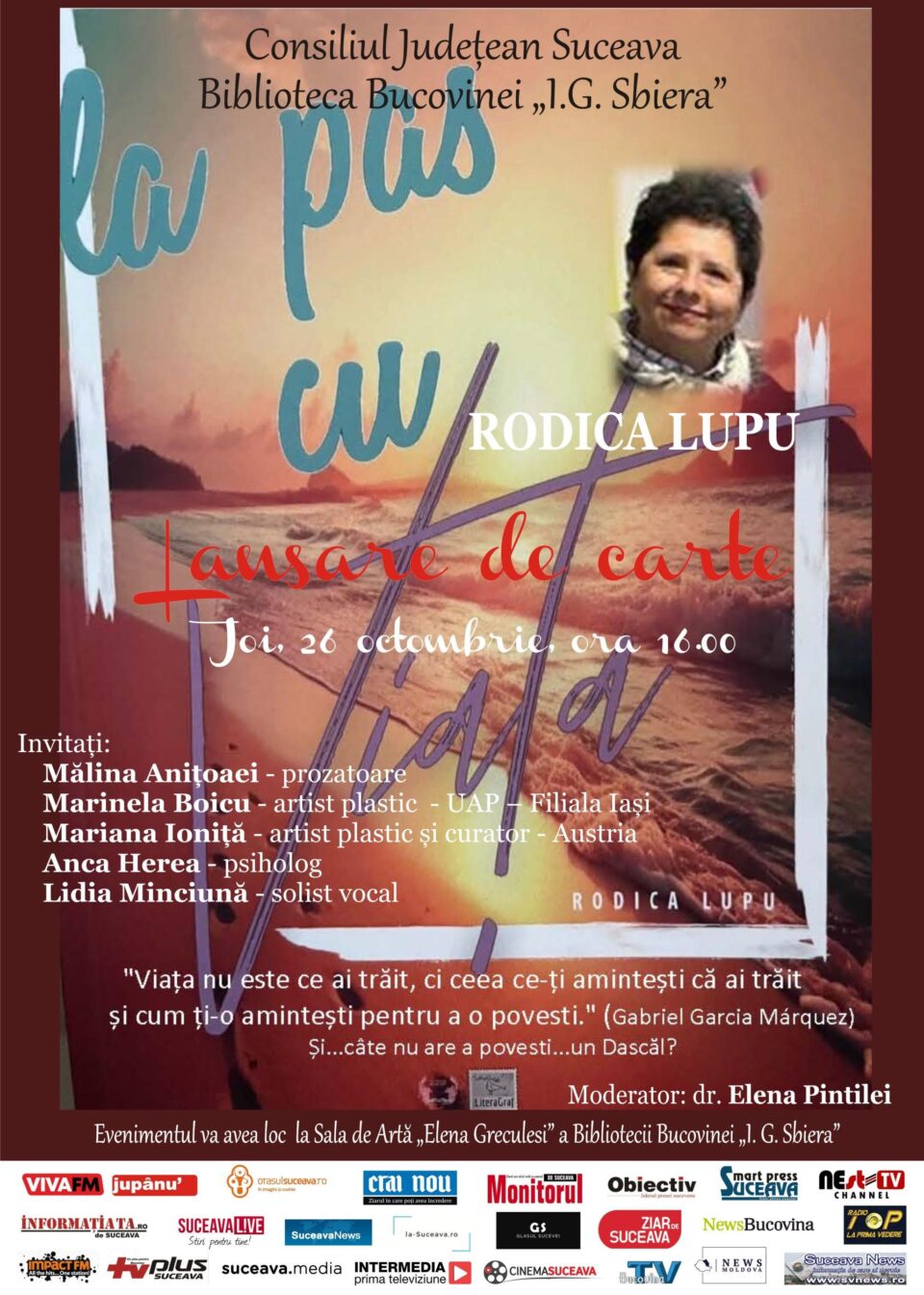 Lansarea romanului biografic „La pas cu viața”, scris de Rodica Lupu, joi, la Biblioteca Bucovinei Lansarea romanului biografic „La pas cu viața”, scris de Rodica Lupu, joi, la Biblioteca Bucovinei