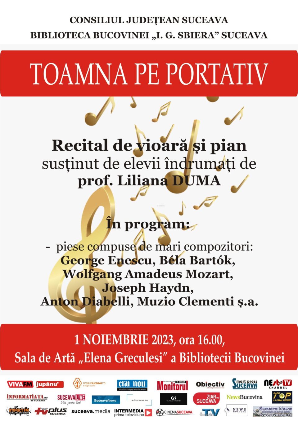 „Toamna pe portativ”, recital de vioară și pian, miercuri, la Biblioteca Bucovinei „Toamna pe portativ”, recital de vioară și pian, miercuri, la Biblioteca Bucovinei