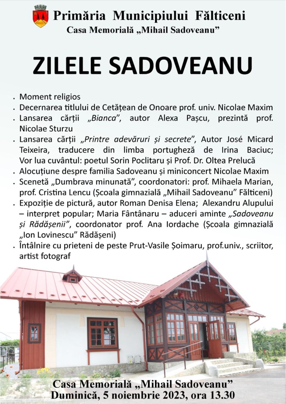 La Fălticeni, manifestări dedicate împlinirii a 143 de ani de la nașterea scriitorului Mihail Sadoveanu La Fălticeni, manifestări dedicate împlinirii a 143 de ani de la nașterea scriitorului Mihail Sadoveanu