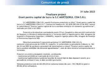 Finalizare proiect Grant pentru capital de lucru la S.C MĂRȚIȘORUL COM S.R.L