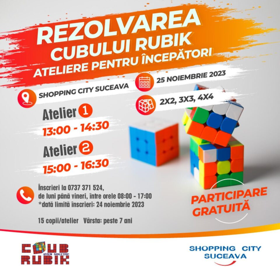 În luna noiembrie, atelierele de rezolvare a cubului Rubik au loc sâmbătă, pe 25 noiembrie 2023 În luna noiembrie, atelierele de rezolvare a cubului Rubik au loc sâmbătă, pe 25 noiembrie 2023