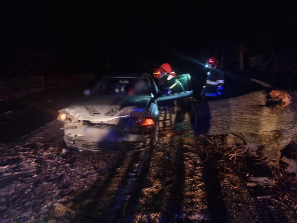 Șofer rămas încarcerat în mașină după ce s-a izbit într-un copac căzut pe carosabil
