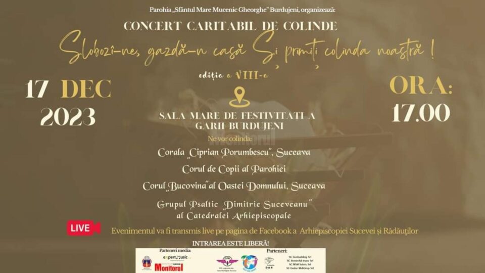 Concert caritabil de colinde, duminică, în Sala de festivități a Gării Burdujeni din municipiul Suceava