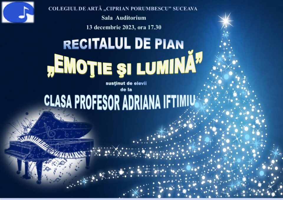 „Emoție și lumină”, recital de pian, miercuri, la Colegiul de Artă Suceava