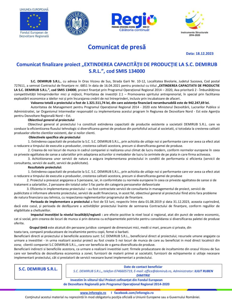 Comunicat finalizare proiect „EXTINDEREA CAPACITĂȚII DE PRODUCȚIE LA S.C. DEMIRUB S.R.L.”, cod SMIS 134000