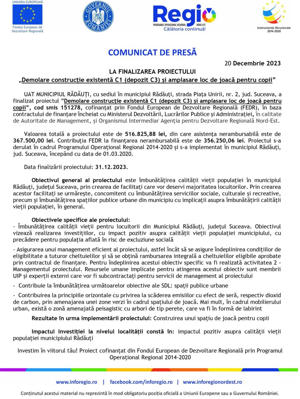 COMUNICAT DE PRESĂ LA FINALIZAREA PROIECTULUI „Demolare construcție existentă C1 (depozit C3) și amplasare loc de joacă pentru copii” COMUNICAT DE PRESĂ LA FINALIZAREA PROIECTULUI „Demolare construcție existentă C1 (depozit C3) și amplasare loc de joacă pentru copii”