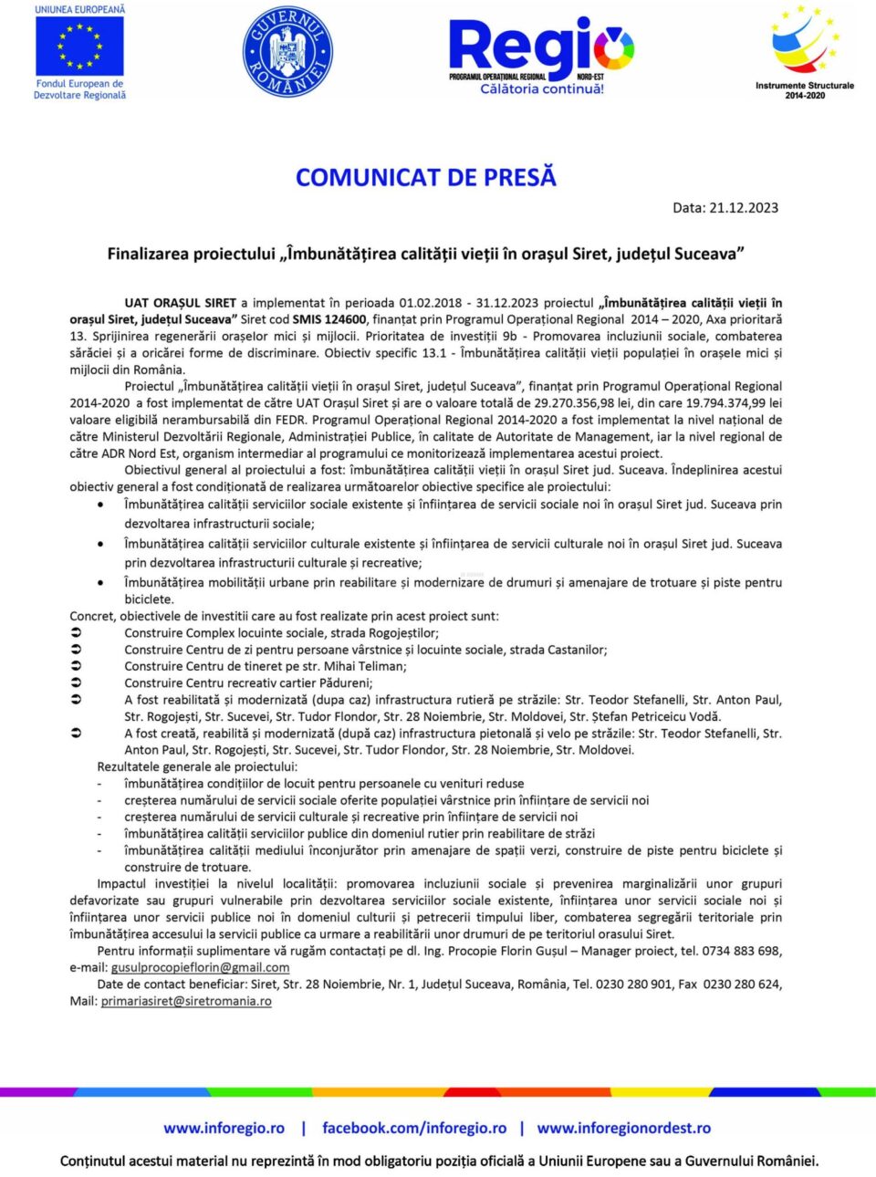 Finalizarea proiectului „Îmbunătățirea calității vieții în orașul Siret, județul Suceava”