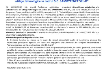 Anunț finalizare proiect: „Diversificarea activităților prin achiziționarea de utilaje tehnologice în cadrul S.C. SAMBYTENET SRL-D”