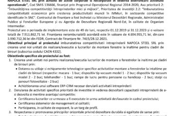 Anunț finalizare proiect: „Creșterea competitivității SC NAPOCA STEEL SRL prin achiziții de active corporale și necorporale în vederea diversificării activității operaționale”
