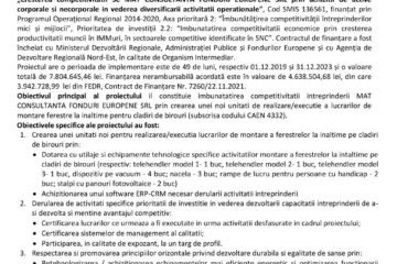 Anunț finalizare proiect: „Creșterea competitivității SC MAT CONSULTANȚĂ FONDURI EUROPENE SRL prin achiziții de active corporale și necorporale în vederea diversificării activității operaționale”
