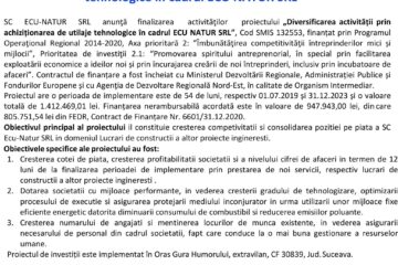 Anunț finalizare proiect: „Diversificarea activității prin achiziționarea de utilaje tehnologice în cadrul ECU NATUR SRL”