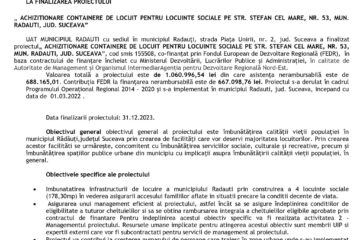 COMUNICAT DE PRESA LA FINALIZAREA PROIECTULUI „ ACHIZITIONARE CONTAINERE DE LOCUIT PENTRU LOCUINTE SOCIALE PE STR. STEFAN CEL MARE, NR. 53, MUN. RADAUTI, JUD. SUCEAVA”